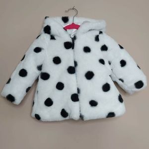 Little me 18m white and black polka dot faux fur jacket